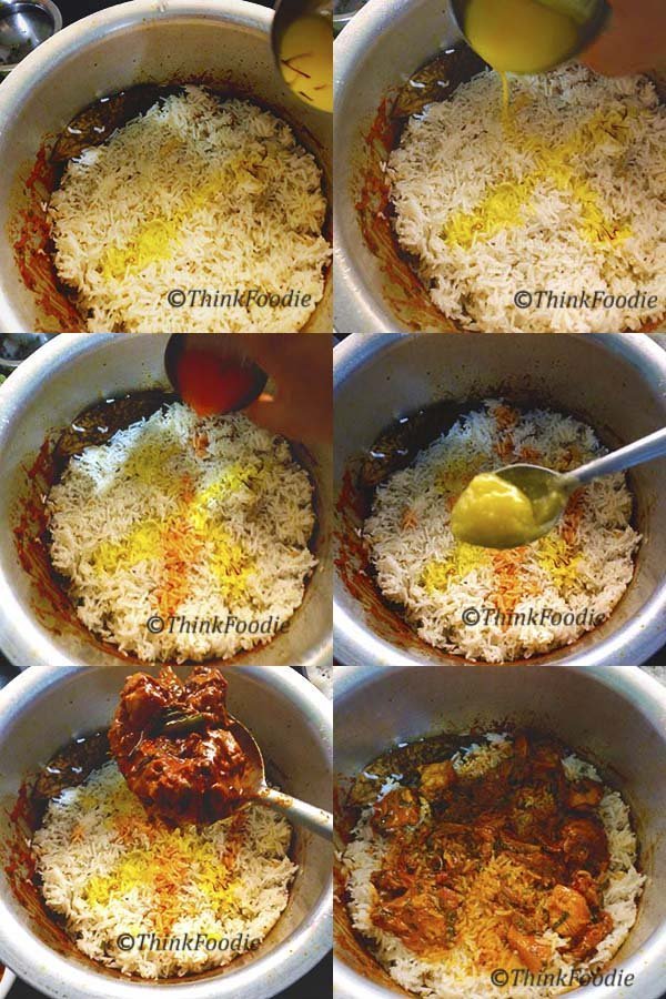 Add the food colors, ghee and chicken curry on the rice.