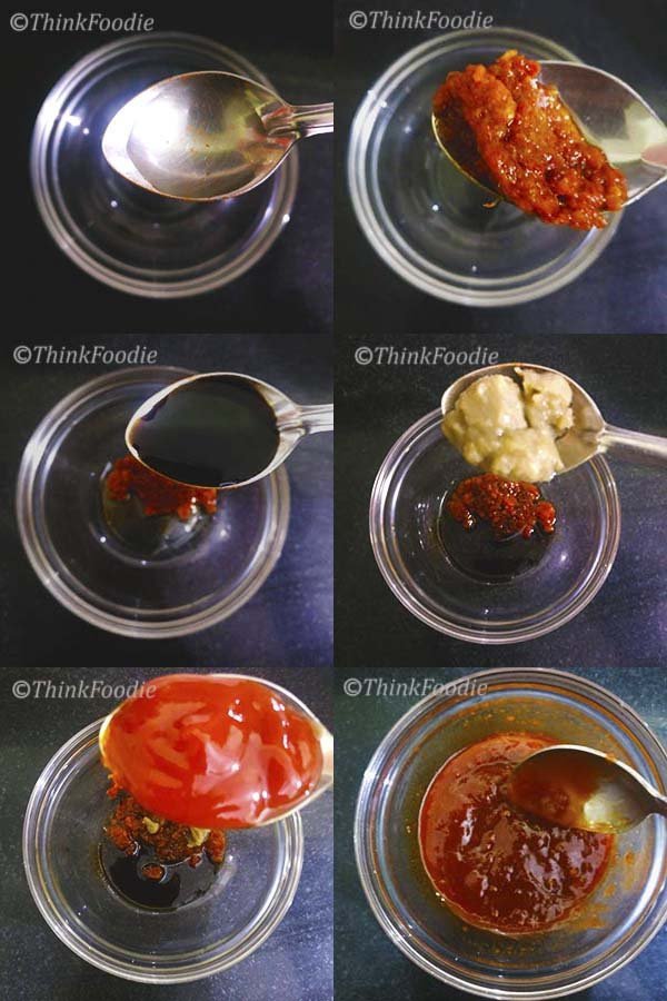 Make manchurian sauce with some vinegar, schezwan sauce, soy sauce, chilli sauce and tomato ketchup. 